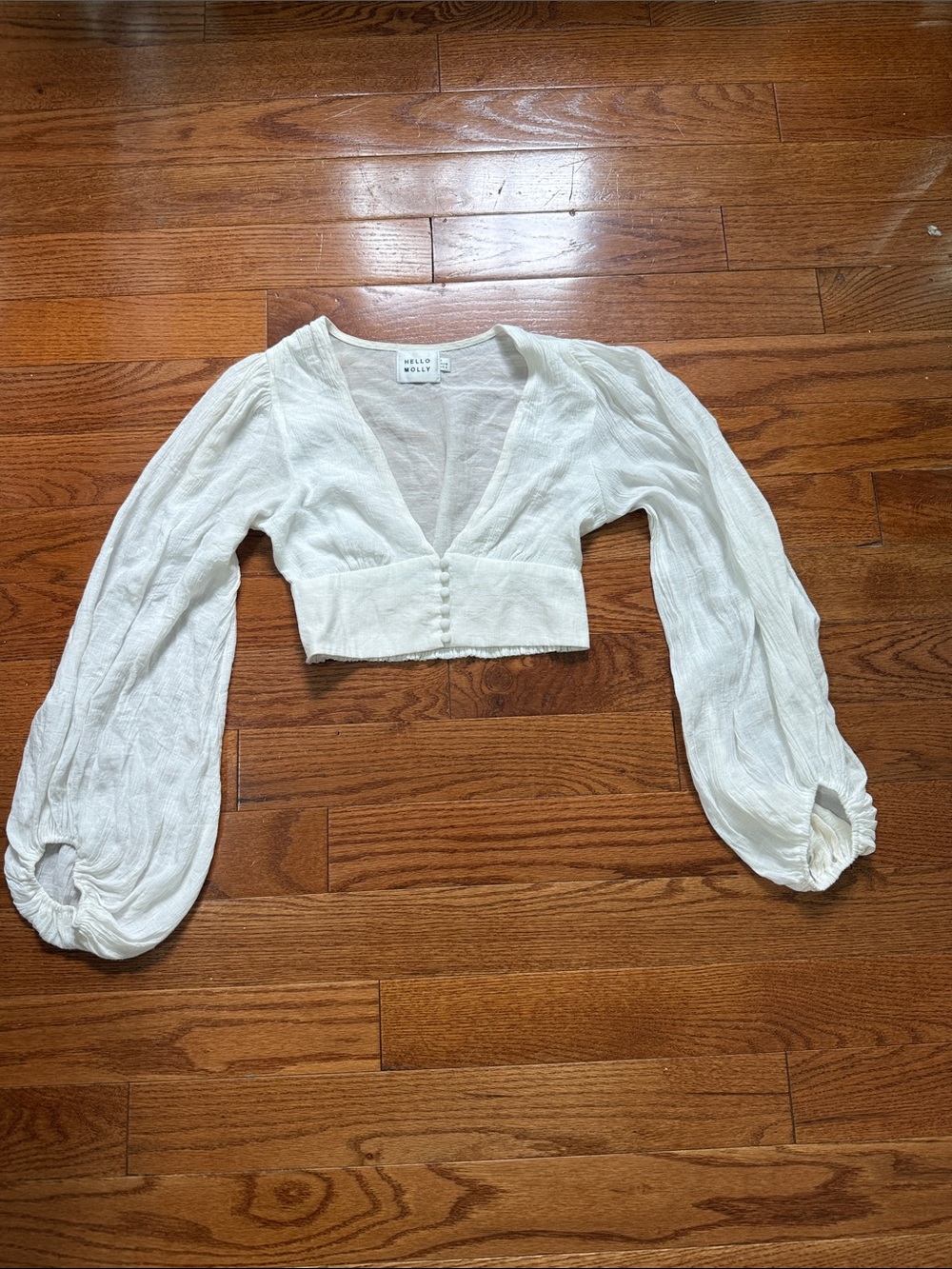 Hello Molly Cream Cropped V-Neck Button-Front Puff Sleeve Top
